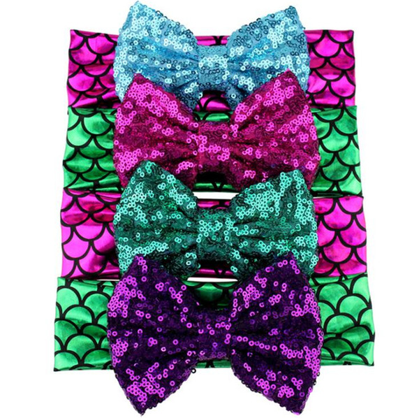 Fashion Kids Girls Mermaid Elastic Headband Fish Sequined bow Hairbands Sequins Headbands Hair Band Accessories T10C002