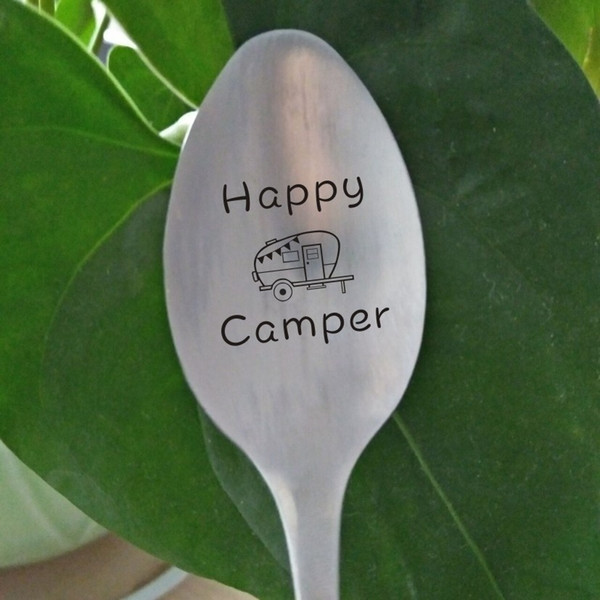 Laser engraved happy camper pattern long handle stainless steel rice spoon Christmas gift for children Multifunctional tableware