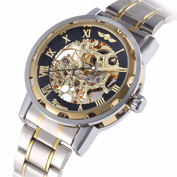 Winner mechanical meter manual fashion business clock engraving space gold steel strap luxury sports men's watch