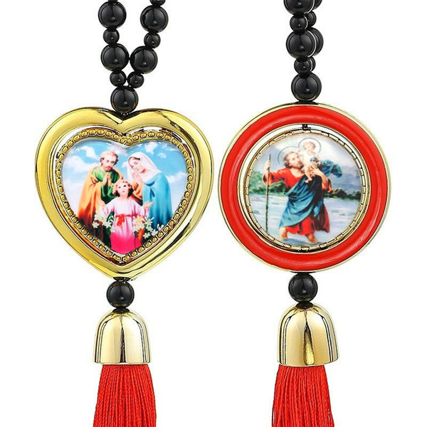 Religious Accessories Car Interior Rear-view Mirror Decorative Heart Shape Enamel Jesus Red Long Tassel Hanging Pendant Car Ornament