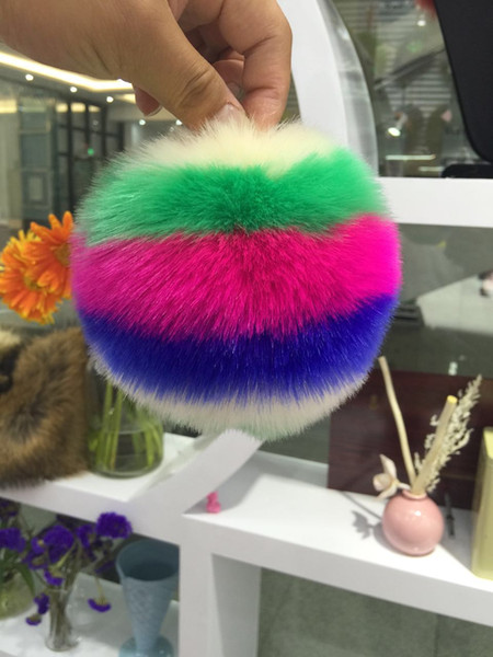 10CM size Wholesale Colorful faux Fox Fur Pom Poms fur Balls bag pendant, round shape rainbow fur ball keyring free shipping