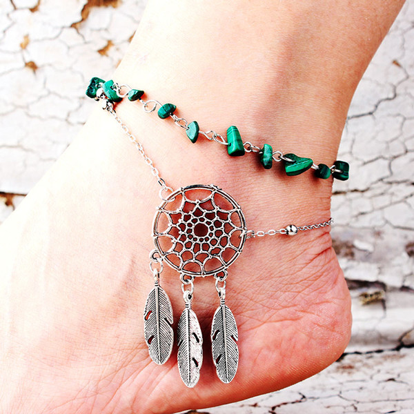 Cross-border hot-selling footwear fashion irregular natural Malachite Turquoise hollow dream catcher feather foot chain