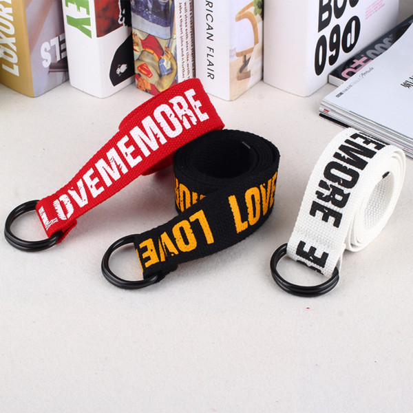 Love Me More Women Harajuku Belt Red Letter Printed Fashion Unisex Double D Ring Canvas Strap Female Long Belts For Jeans 03