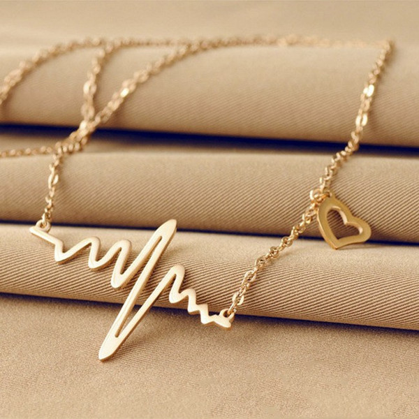 Wave Heart Necklace Romantic Love Electrocardiogram Pulse Charm Pendant Necklace Heartbeat Necklace Silver Gold Women Jewelry