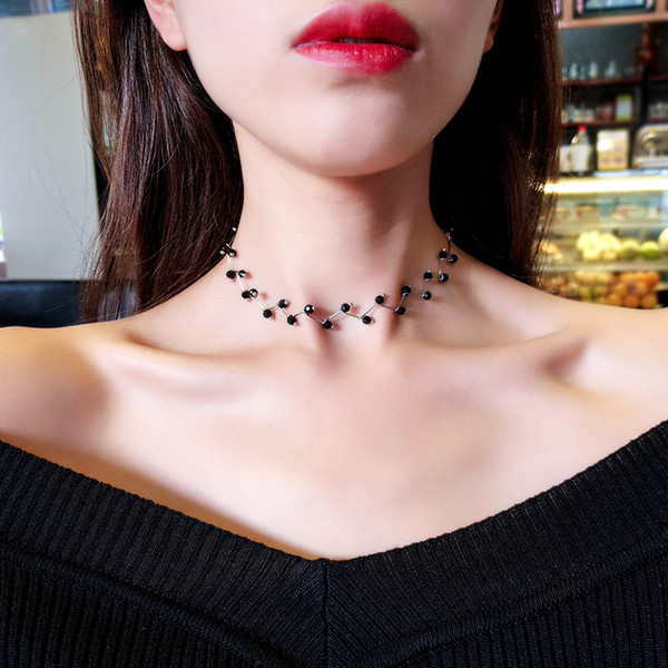 New Arrivals Hot Fashion Black Crystal Necklace Torques Simple Cross Strand Beaded Chokers Necklaces Women Jewelry