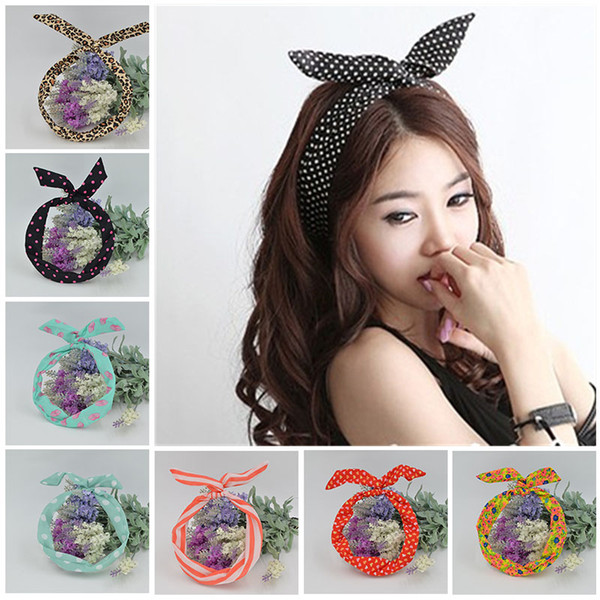 Cute Leopard Dots Lip Print Flower Bunny Rabbit Ear Ribbon Headwear Hairband Metal Wire Scarf Headband Hair Band Accessories