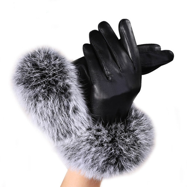 2018 Fashion Warm Winter Gloves Female Leather Gloves Rabbit Fur Wrist Mittens Women's Warm Luxury Design Guantes Mitts