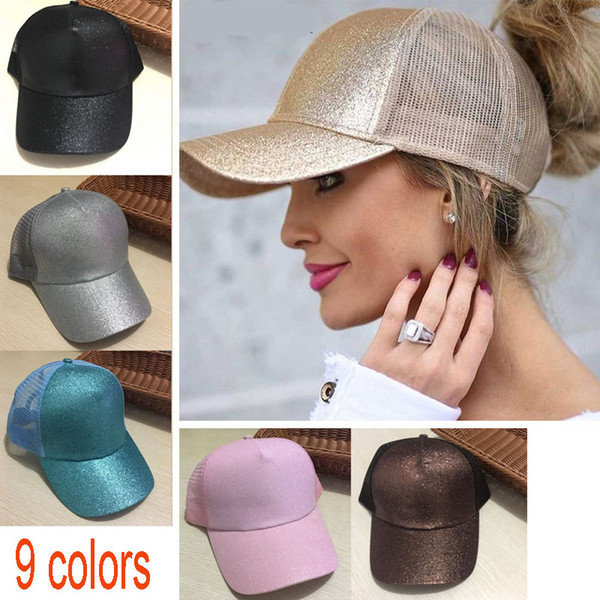 Glitter Ponytail Baseball Cap Women Snapback Dad Hat Mesh Trucker Caps Messy Bun Summer Hat Female Adjustable Hip Hop Hats