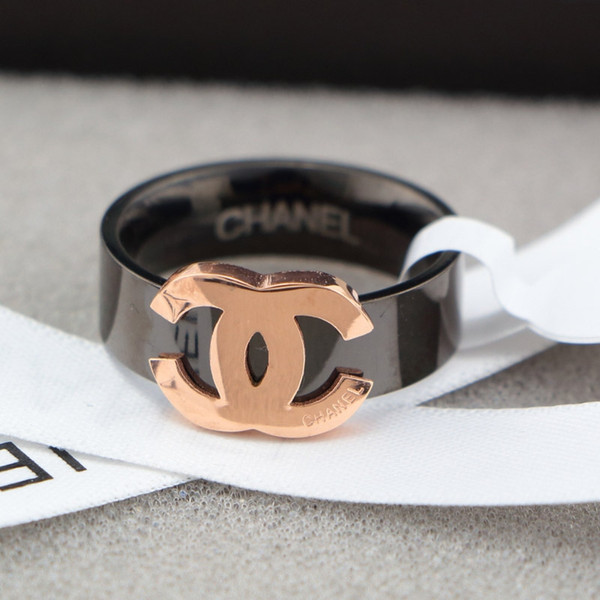 High end black titanium steel double letter ring most fashionable ring with box