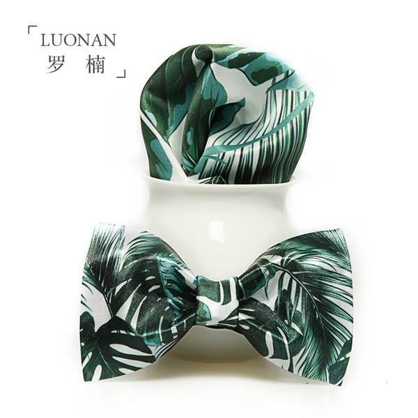 Bowtie for men wedding tie green tropical rainforest prints outdoor wedding fashion business men's and handkerchief set