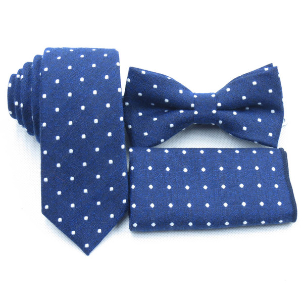 light Navy blue ties, white polka dot bow tie pocket towel, boutique cotton necktie, deep blue men's bow tie