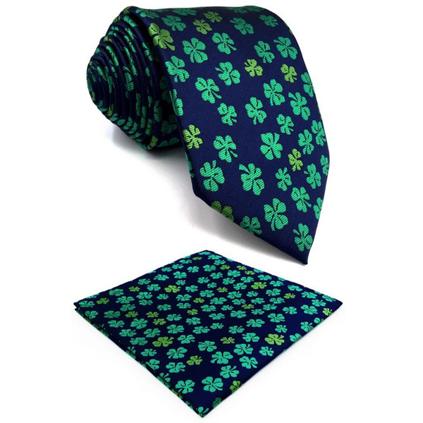 Blue Green Clover Silk Floral Mens Necktie Wedding Novelty Designer Fashion Pocket Square X-long