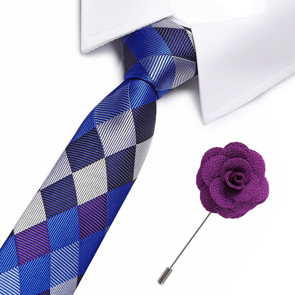 Geometric Plaid Ties Men's Fashion Tie 8cm Blue Necktie Blue &purple Color Neck Tie For Men Business suit accessories tie&brooch