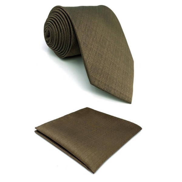 Brown Solid Mens Necktie Silk Designer Dress Classic Brand New X-long Pocket Square Set