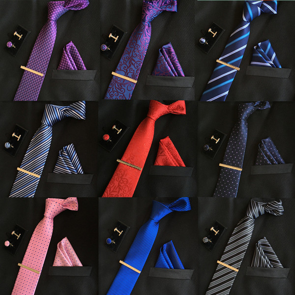 Men 8cm fashion luxury necktie pocket square wedding mens pink neck ties silk tie set cufflinks handkerchief