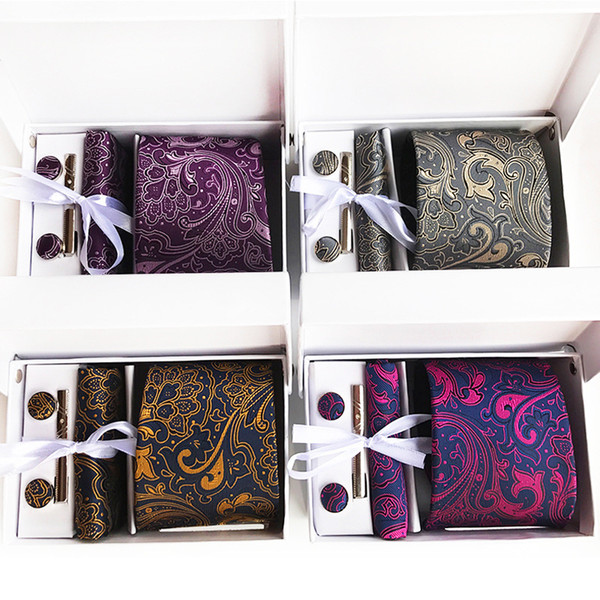 Business 3.35 Inch 8 Cm Wide Ensemble Silver Paisley Wedding Man Tie Handkerchief Pin and Cufflinks Gift Box Packing Many Color