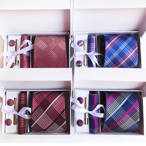 New Cravat Plaid Design Men Neck Ties Clip Hanky Cufflinks sets Formal 8cm Wear Business Wedding Party Silk Neckties for Mens