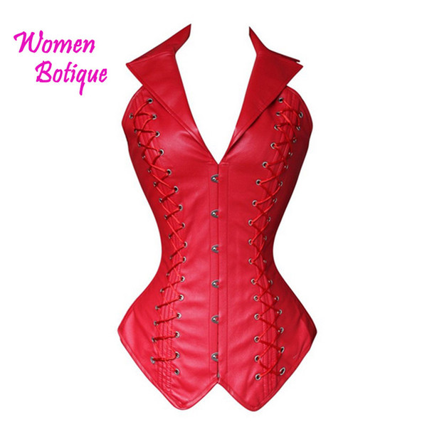 Wholesale- Solid Black Red Leather Halter Shaperwear Corset Slim Overbust Bodysuit XXL Corset Body Shaper Plus size S M L XL XXL