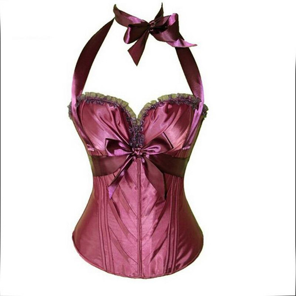 Wholesale- New Women Sexy Corsets Solid Gold Color Underwear Plus Size XXL XL Halter Rose Red Color Patchworking Bow Corset Tops