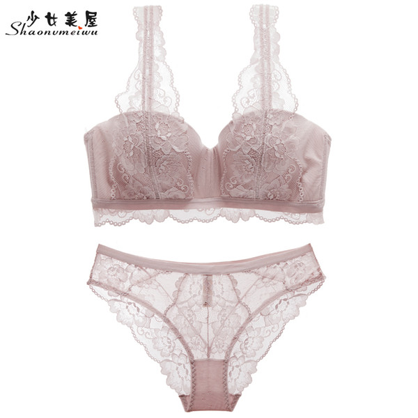 Shaonvmeiwu Top And Bottom Thick Collection Bra Set Sexy Lace Underwear Women Thin Small Breast Bra Q190420