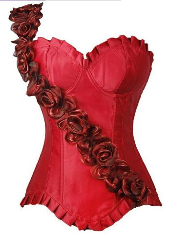 Women One Shoulder Boned Bustier Top Lace Up Burlesque Black Corset Rose Luxury Style Sexy Lingerie Twinset free shipping