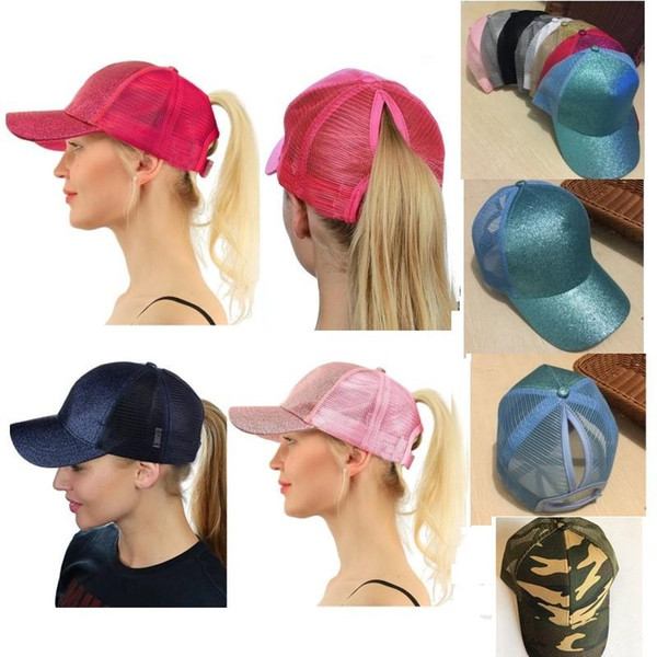 13 Colors Glitter Ponytail Ball Cap Messy Buns Trucker Ponycaps Plain Baseball Visor Cap Glitter Ponytail Hats Snapbacks