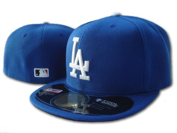 Wholesale Men's Top Quality LA Royal Blue fitted hat flat Brim embroiered logo fans baseball Hats size LA on field full closed Chapeu b