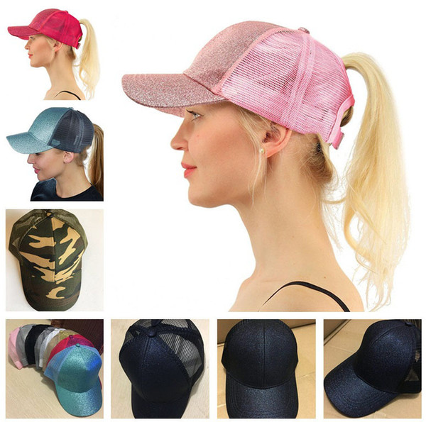 13 Colors Glitter Ponytail Snapbacks Ball Cap Messy Buns Trucker Hat Ponycaps Plain Baseball Visor Glitter Ponytail Hats Snapbacks K005