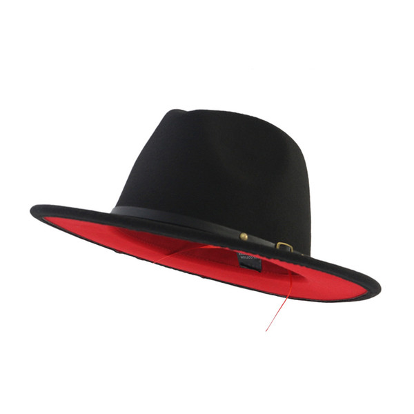 Unisex Flat Brim Wool Felt Fedora Hats with Belt Red Black Patchwork Jazz Formal Hat Panama Cap Trilby Chapeau for Men Women