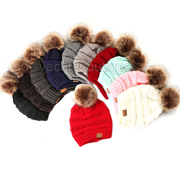 Large Ball Winter Wool Warm Women Knitted CC Hat Fur Pom Poms Crochet Beanie Ski Cap Bobble Fleece Cable Slouchy Skull Hat Caps 12 Colors