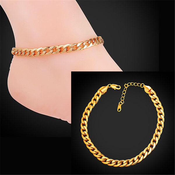 U7 Cuban Link Chain Anklet Summer Jewelry Foot Bracelet For Men/Women 18K Real Gold/Platinum Plated Simple Link Chain Barefoot Sandals