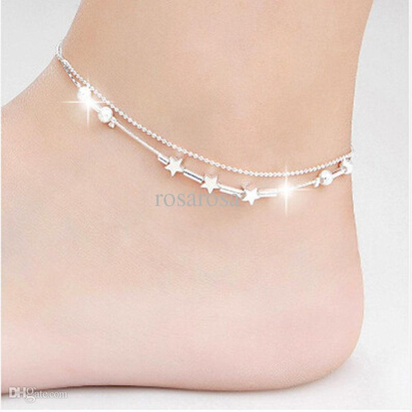 Wholesale Fashion Women Star Ankle Bracelet Silver Beads Anklets Little Star Ankle Chain Boot Foot Jewelry Free Shipping