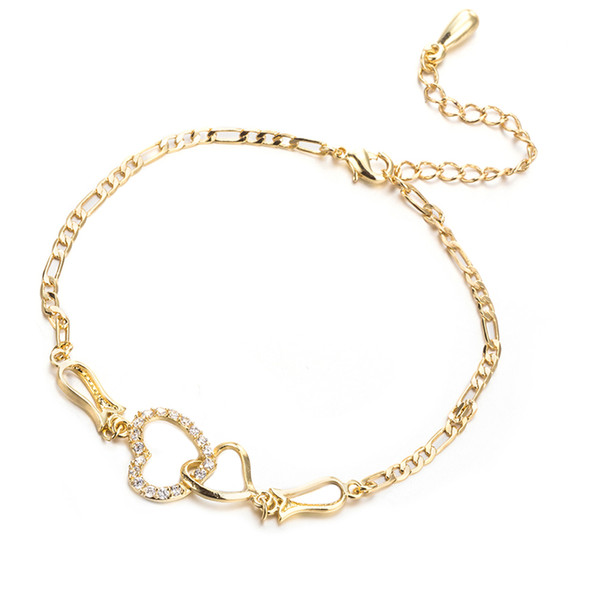 Women Summer Jewelry 18K Yellow Gold Plated CZ Double Hearts Anklet Chain for Girls Women for Wedding Party