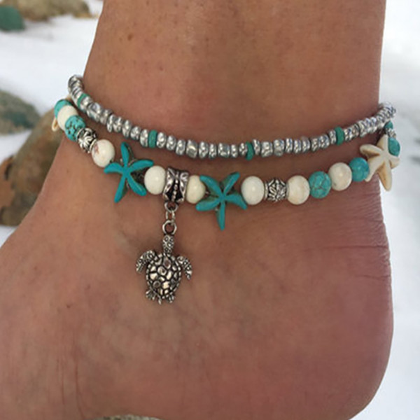 Bohemian Retro Charm Carved Turtle Pendant Anklet Bracelets Set Handwork Weaving Leather Women Trendy Bracelet Anklets Summer Beach Accessor