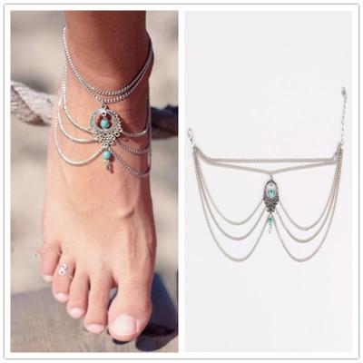 Boho Ethnic Turquoise Beads Barefoot Sandal Anklet Chic Multilayer Tassel Foot Chain Anklet Bracelet Body Jewelry For Women 425