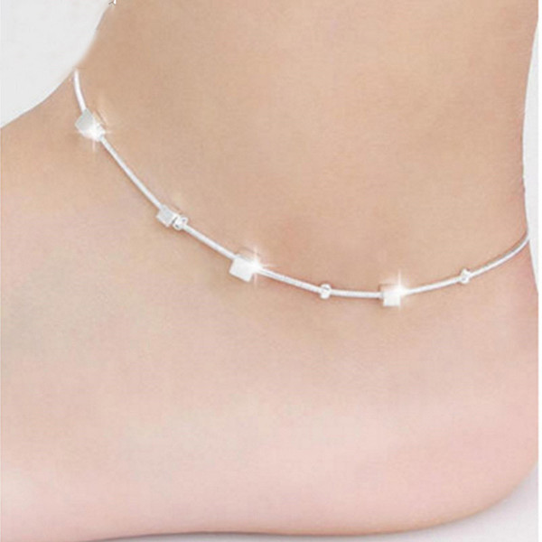 Silver-color Women Jewelry Chain Square Beads Anklets Lady Ankle Bohemian Jewelry Ankle Summer Barefoot Beach Jewelry