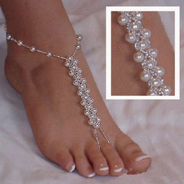 Summer Footless Bridal Foot Jewelry Women Faux Pearls Anklets Beach Wedding Pearl Barefoot Sandals Stretch Anklet Chain 1pcs price