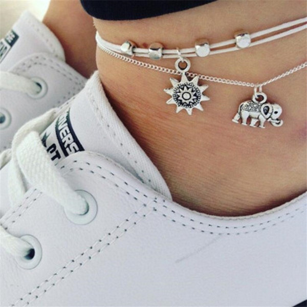 Vintage Multi Layers Anklets Bracelet for Women Elephant Sun Pendant Charms Rope Chain Bohemian Beach Summer Foot Ankle Jewelry DHL