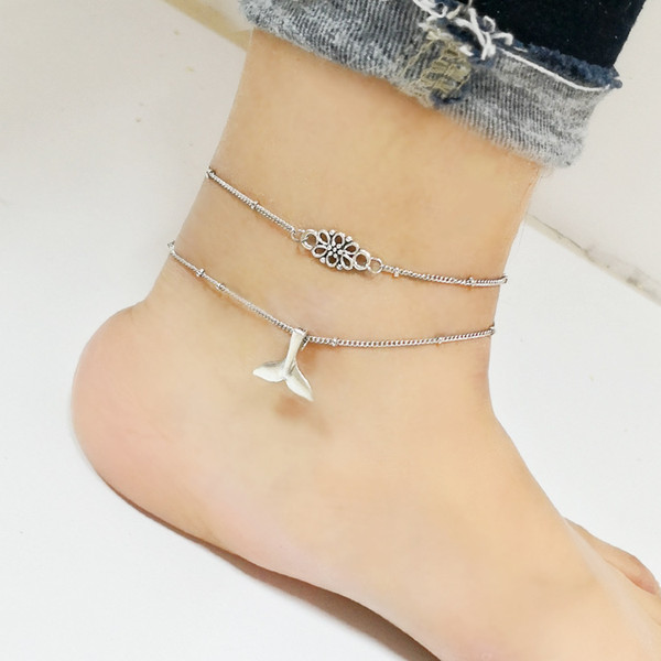 European and American bohemian personality mermaid hollow heart metal alloy multi-layer anklet wholesale free shipping