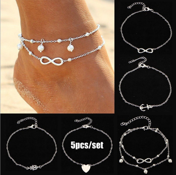 5pcs/set Alloy Ankle Bracelets Gold Chain Foot Stainless Steel Jewelry Wedding Party Decorations Birthday Day Gift