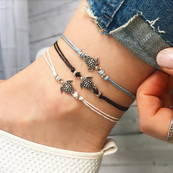 3 PCS/Set Bohemian Retro Charm Carved Turtle Pendant Anklet Bracelets Set Handwork Weaving Leather Trendy Bracelet Anklets Summer Beach