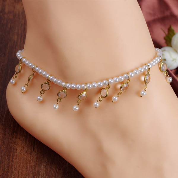 Crystal Pearl Beads Anklet Tassels Foot Jewelry Barefoot Sandals Ankle Bracelets for women and girls C011