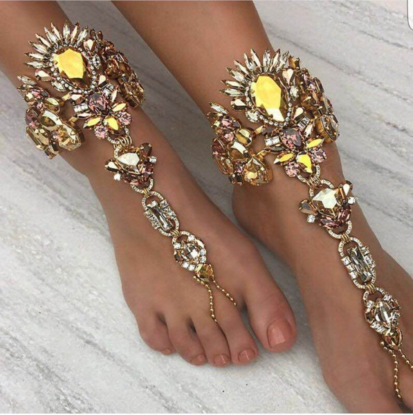 2017 New fashion Anklet Barefoot Bracelet Beach footware alloy inlaid gemstone footwear with colored diamond popular personality DIY design