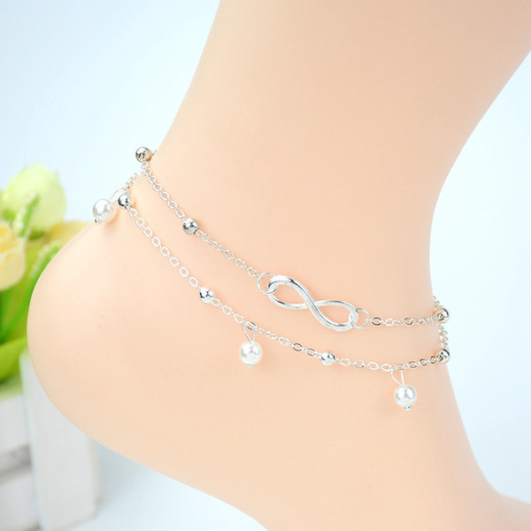 Layered Silver Infinity Anklets With Classic 8 Foot Chain Pearl Barefoot Sandals Jewelry For Women Beach Pool Party Ankle Bracelet