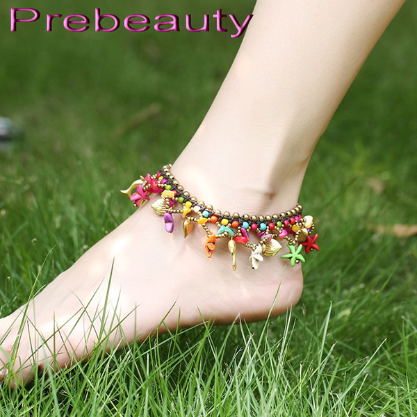 New Turquoise Multilayer Handmade Anklets For Women Braided Beads Oceanic Fish Leg Ankle Bracelet Multicolours Starfish Female Foot Jewelry