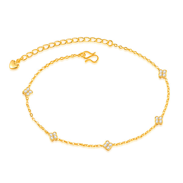 Women Elegant Crystal CZ Flower Charm Link Chain Anklet Gold Tone