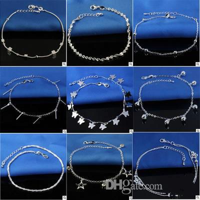 2018 Hot Selling Stamped 925 Sterling Silver Anklets For Womens Simple Beads Silver Chain Anklet Ankle Foot Jewelry Mixed style