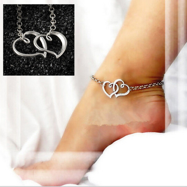 2017 Ankle Bracelet Tornozeleira Feminina Leg Bracelet Anklets Double Heart Foot Jewelry Barefoot Sandals Ankle Leg Chain