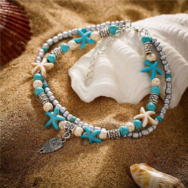 Summer Anklet Chains Tassel Anklet Double Layer Ethnic For Women Girl Bohemian Elephant turquoise Owl Heart Anklet Jewelry Blue Color