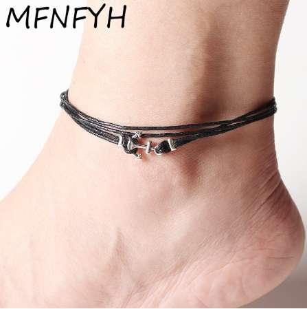 MFNFYH Multi Layer Black Wax Rope Anklet Barefoot Sandals Foot Chain Jewelry Vintage Silver Anchor Ankle Bracelets for Women Men